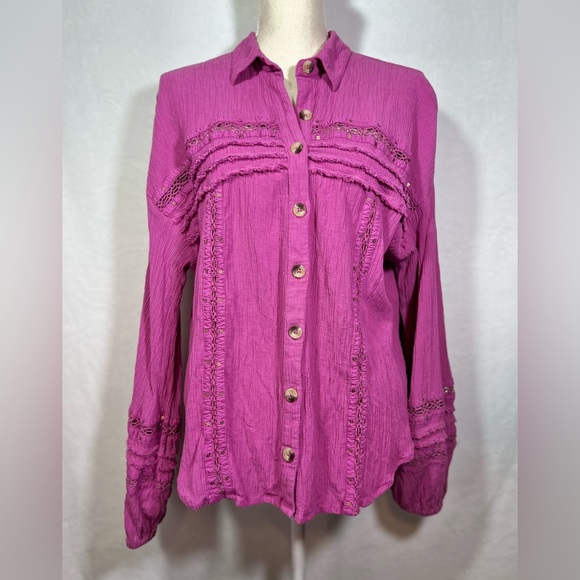 Free People Summer Stars Button Front Shirt Women’s Size XL Pink Boho Electra - Picture 8 of 8